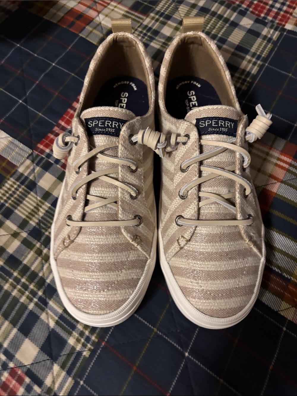 Sperry Metallic Striped Low-Top Sneakers in Beige and White